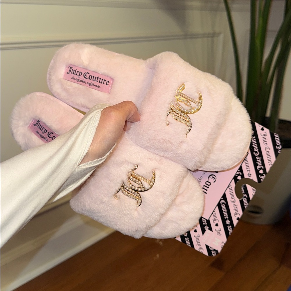 Juicy Couture Blush Furry Slides with Gold Emblem